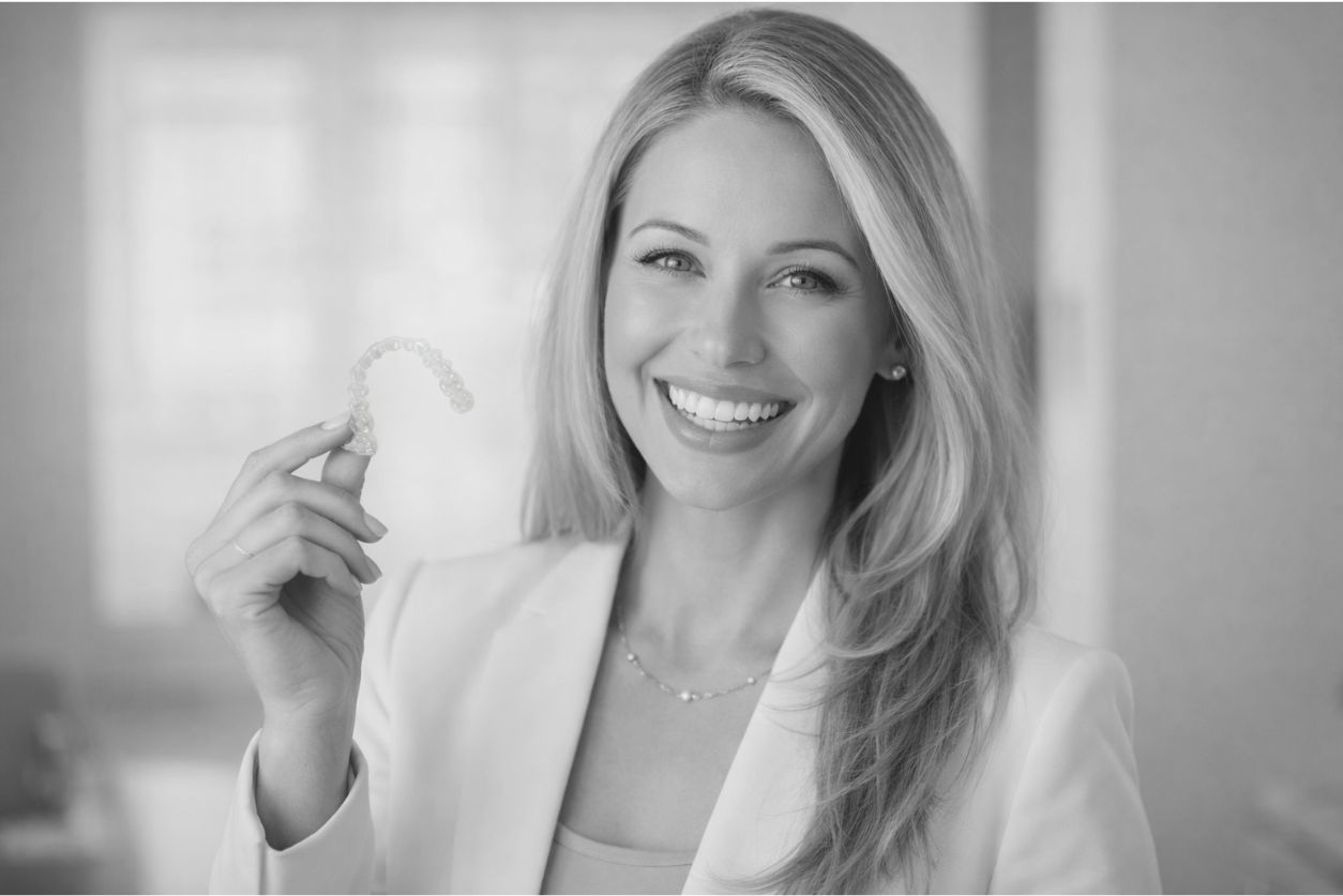 Adult wearing clear Invisalign aligners showing nearly invisible teeth straightening treatment